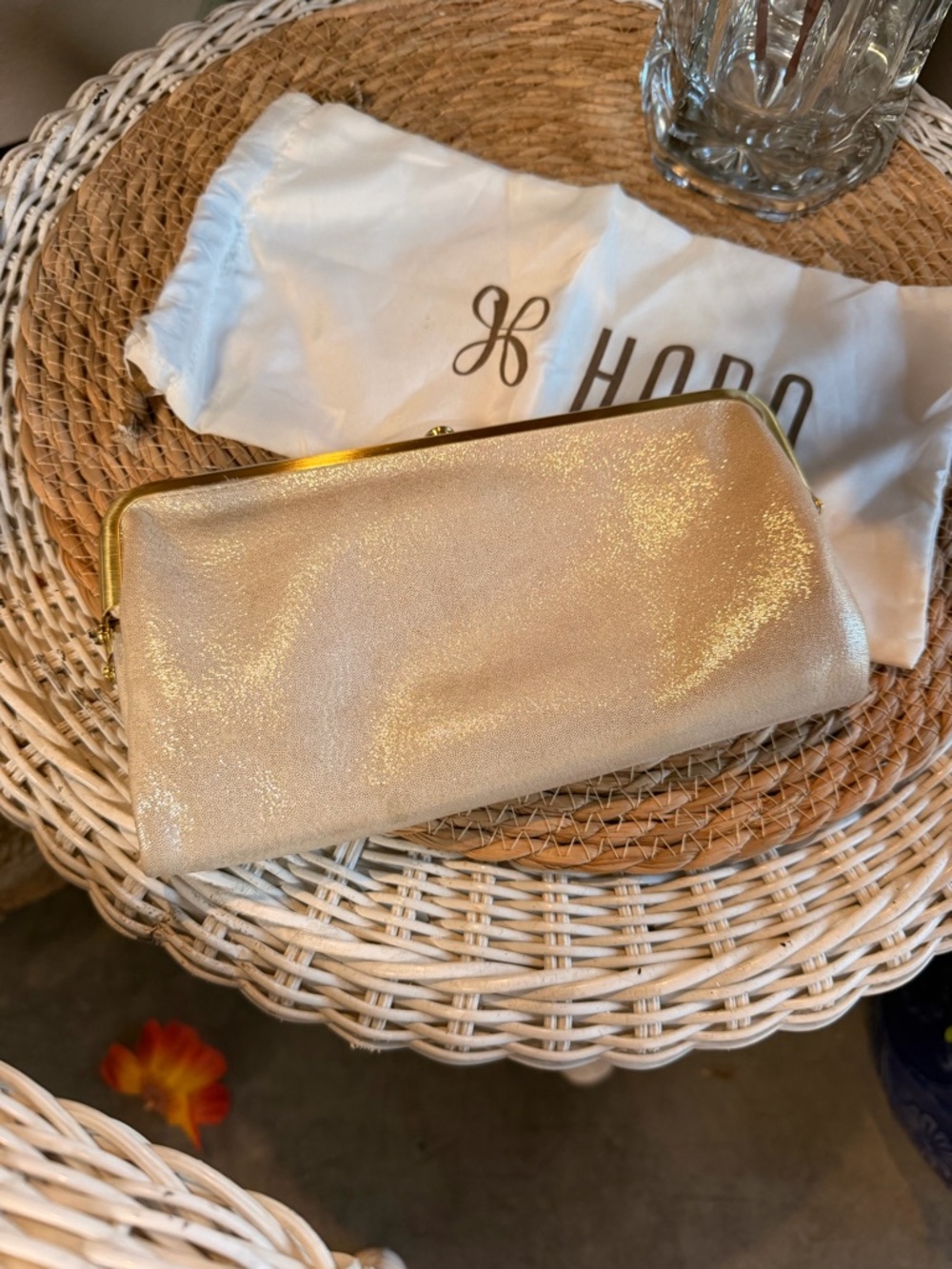 HOBO Shimmery Champagne Clutch with Gold Frame (comes with dust bag)
